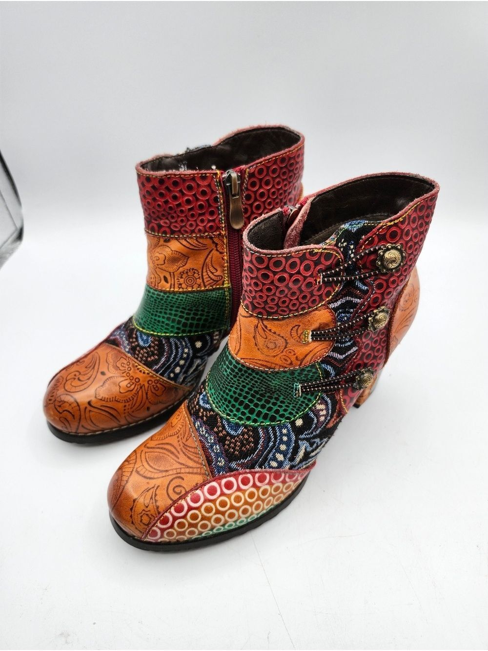 Socofy Leather Multicolor Patchwork Embossed Ankle Booties Colorful 3" Heel
